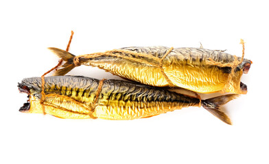 Tasty smoked mackerel fishes on white background