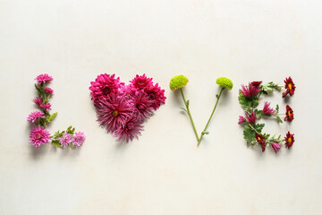 Word LOVE made of chrysanthemum flowers on light background