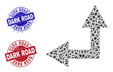 Round DARK ROAD scratched badges with word inside round forms, and shard mosaic bifurcation arrow left up icon. Blue and red stamps includes DARK ROAD text.