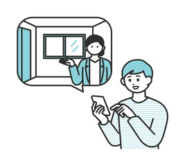 スマートフォンでオンライン内見をする若い男性のイラスト素材