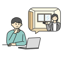 ノートパソコンでオンライン内見をする若い男性のイラスト素材