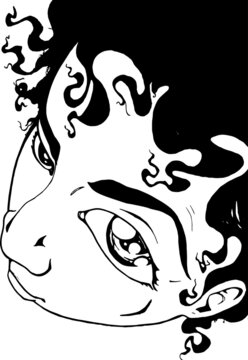 Artistic Ink Illustrated Head Face from Above with Curly Hair