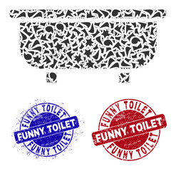 Round FUNNY TOILET textured seals with caption inside circle shapes, and debris mosaic bathtub icon. Blue and red seals includes FUNNY TOILET caption. Bathtub mosaic icon of spall particles.