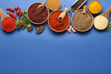 Set of aromatic spices on blue background