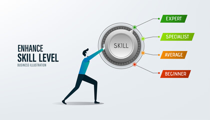 Enhance level skill. Increasing Skills Level. Businessman turning skill knob to expert position. Concept of professional or educational knowledge. - obrazy, fototapety, plakaty
