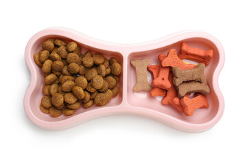 Bowl with tasty pet food on white background
