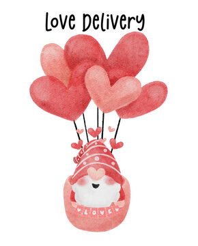 cute red Gnome boy in love heart shape balloons watercolor cartoon vector hand painting, I love you Gnome