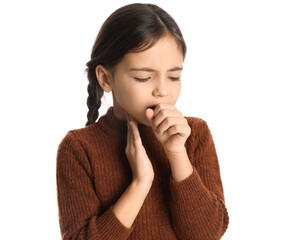 Little girl suffering from sore throat on white background