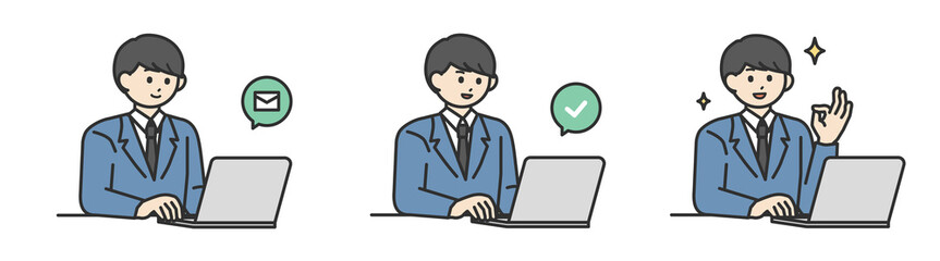 PCを操作して登録する学生の男の子のイラスト素材セット