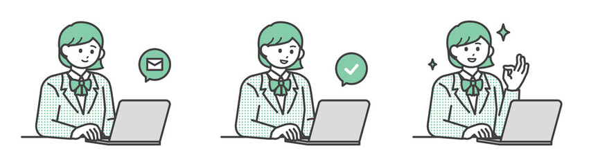 PCを操作して登録する学生の女の子のイラスト素材セット