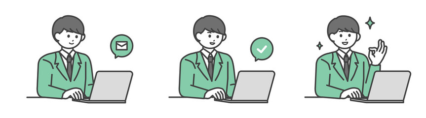 PCを操作して登録する学生の男の子のイラスト素材セット