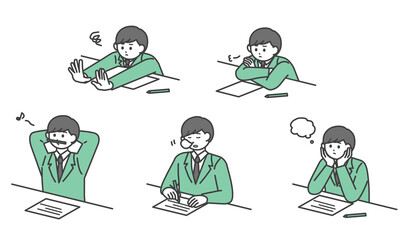 勉強に集中できていない学生の男の子のイラスト素材セット