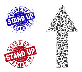 Round STAND UP corroded watermarks with text inside round forms, and spall mosaic arrow up icon. Blue and red stamp seals includes STAND UP text. Arrow up mosaic icon of debris elements.