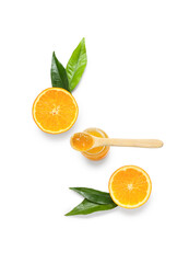 Composition with tasty orange jam on white background