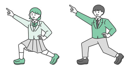斜め上に指をさしている学生の男の子と女の子のイラスト素材セット
