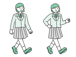 歩いている学生の女の子のイラスト素材セット
