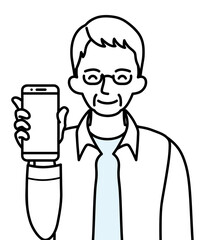 笑顔でスマートフォンを持つシニア男性