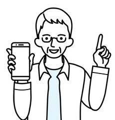 スマホを持ちながら指を差すシニア男性