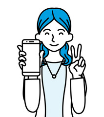 ピースサインをしてスマートフォンを持つ若い女性