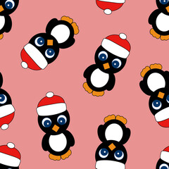 Seamless Pattern with Penguin on Pink Background.