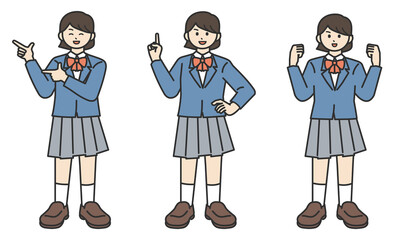 ポーズをとる女子学生の全身イラスト素材セット