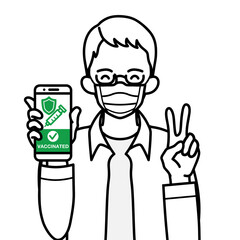 Senior man grabs a cell phone which displayed vaccine passport with smile and peace sign