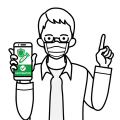 Senior man grabs a cell phone which displayed vaccine passport, pointing by an another hand