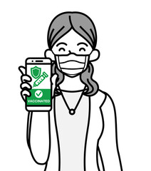 Young woman grabs a cell phone which displayed vaccine passport with smile