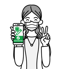 Young woman grabs a cell phone which displayed vaccine passport with smile and peace sign