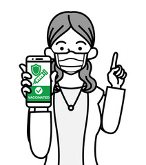 Young woman grabs a cell phone which displayed vaccine passport, pointing by an another hand