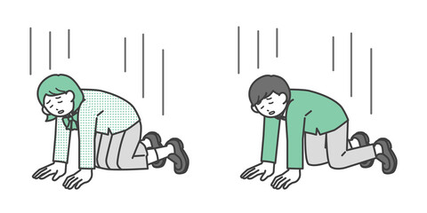 四つん這いになって落ち込んでいる男子学生と女子学生のイラスト素材