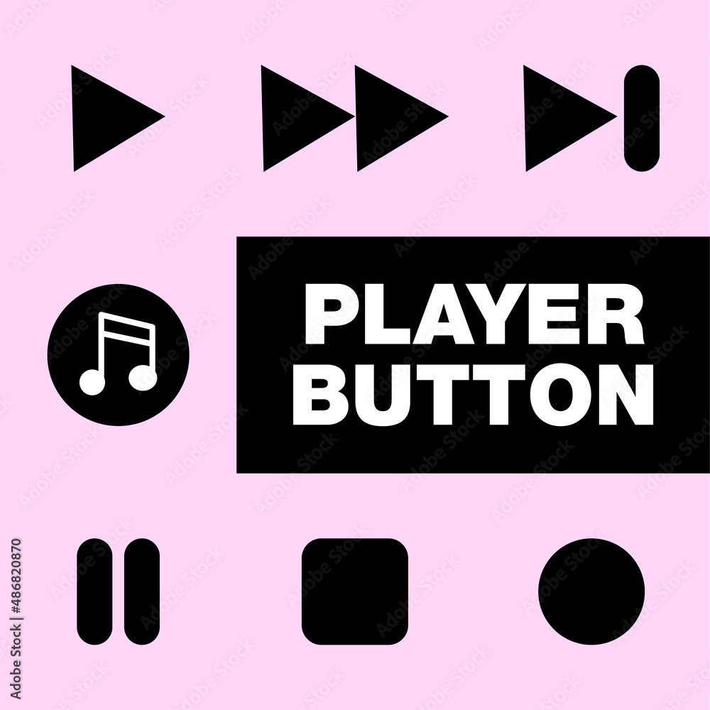 Poster black player button set for media player. 7 set editable player icon in eps 10