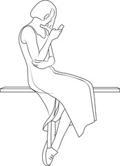 Contour image of a girl sitting with a phone in her hand Vector illustration