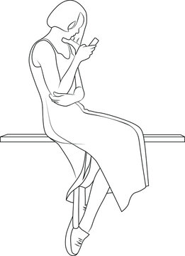 Contour image of a girl sitting with a phone in her hand Vector illustration