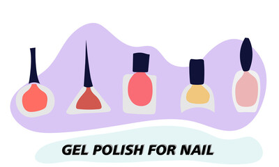 A set of jars with gel nail polish. Transparent jar, colored varnish is visible through the glass. Objects and materials for a beauty and fashion salon. Vector illustration.