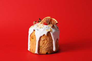 Delicious Easter cake on red background