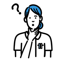 顎に手をあてて考えている白衣を着た若い女性
