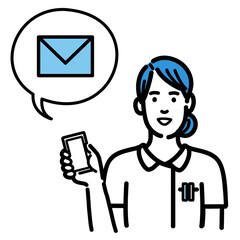 スマートフォンを持ってメールの説明をしている白衣を着た若い女性
