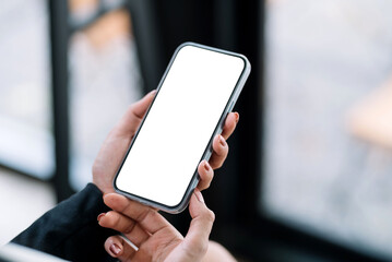 Close up hand of woman the blank screen smartphone