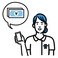 スマートフォンを持ってお金の説明をしている白衣を着た若い女性
