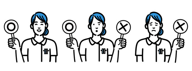 マルバツの札を持っている白衣を着た若い女性のセット
