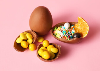 Broken chocolate Easter eggs with candies and sprinkles on pink background