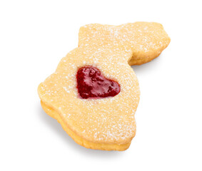Tasty Easter cookie in shape on rabbit on white background