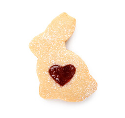 Tasty Easter cookie in shape on rabbit on white background