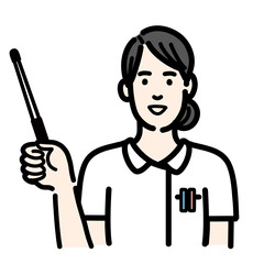 指し棒で解説をしている白衣を着た若い女性