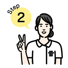 ステップ2　工程を説明する白衣を着た若い女性
