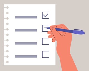 human filling control list on notepad, hands holding checklist with pen, female hand writes a tick, to-do list, vector flat illustration 