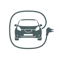 Electric car with plug graphic icon. Car charging station icon in trendy flat style. Vector illustration. 