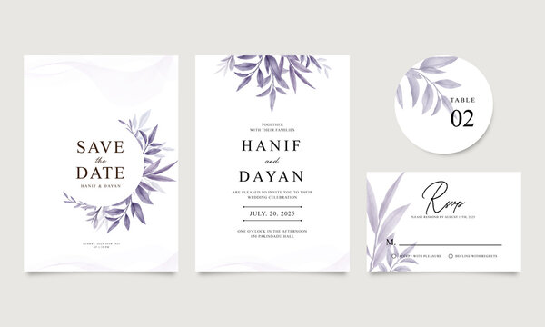 Elegant wedding invitation card set with purple leaves