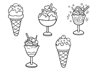 Black line ice cream illustration Doodle style design for kids coloring activities, digital printing, decoration, decorative covers, cards, art for kids, patterns, dessert illustrations, paper pattern